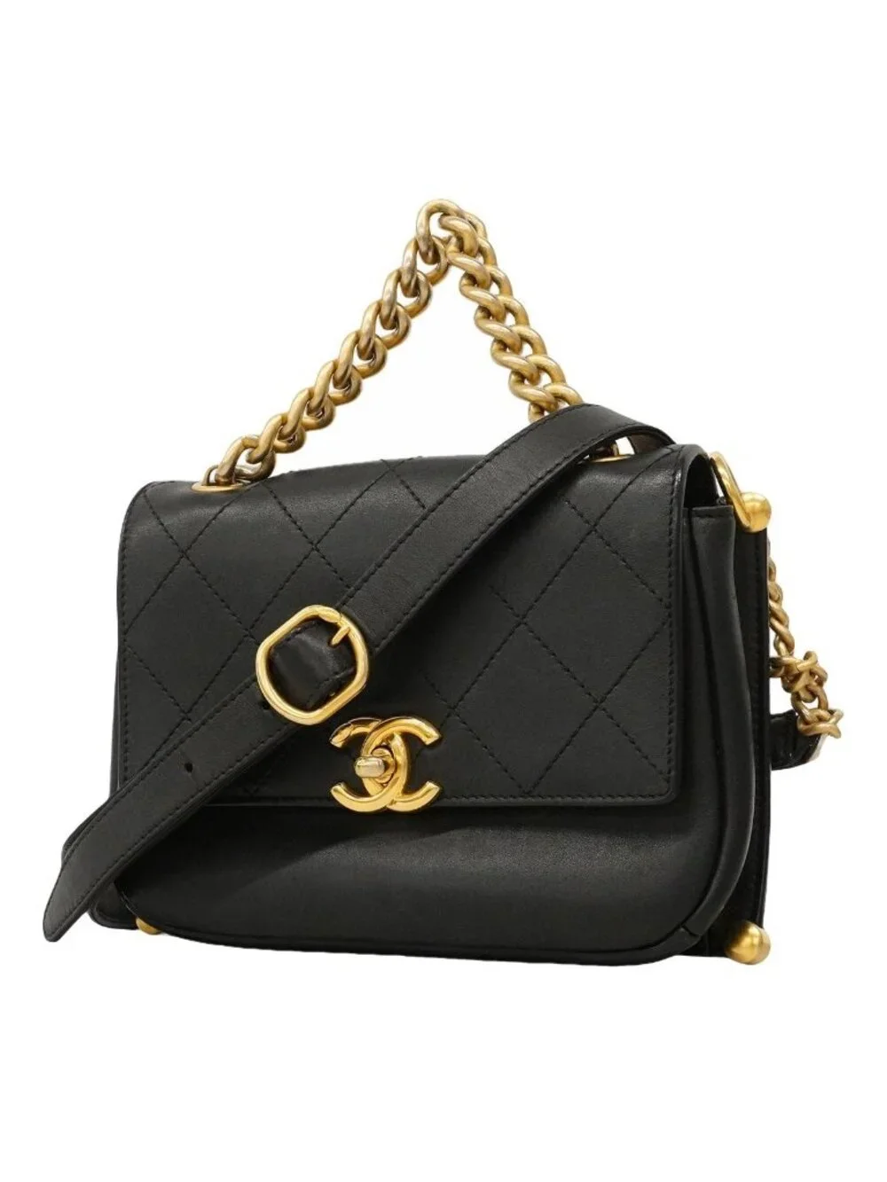 Chanel Shoulder Bag Quilted Leather Black Gold